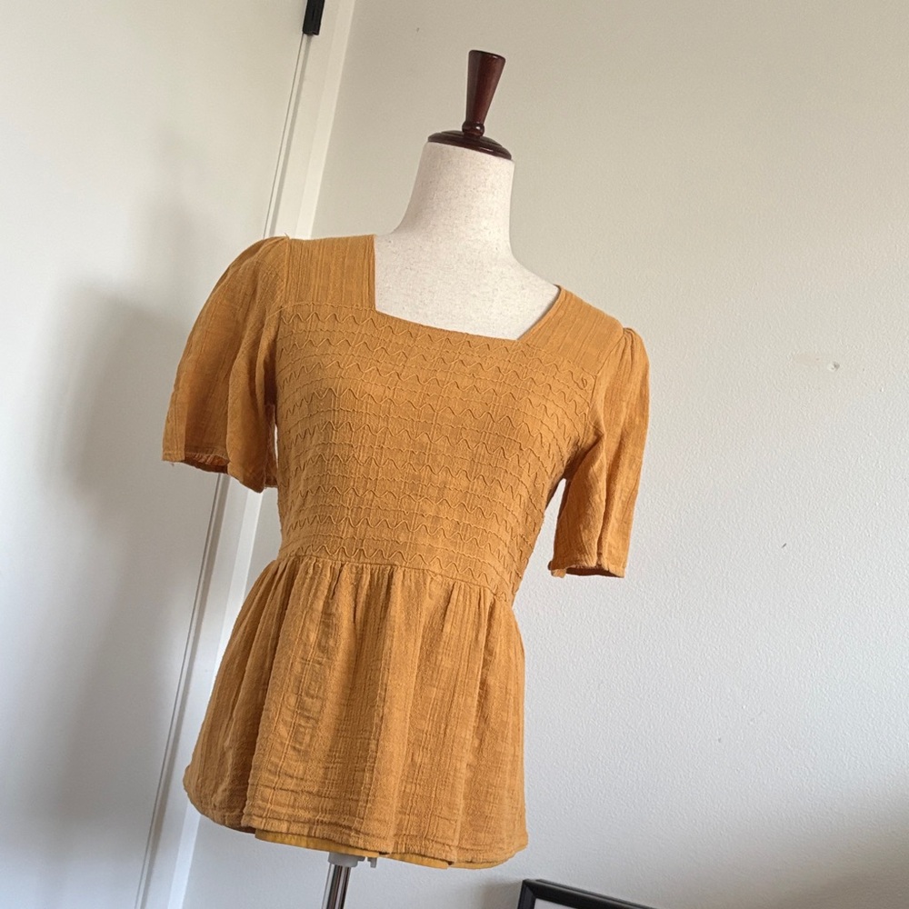 Square-Neck Peplum Blouse in Mustard